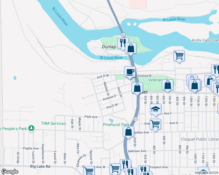 map of restaurants, bars, coffee shops, grocery stores, and more near 223 Avenue C in Cloquet