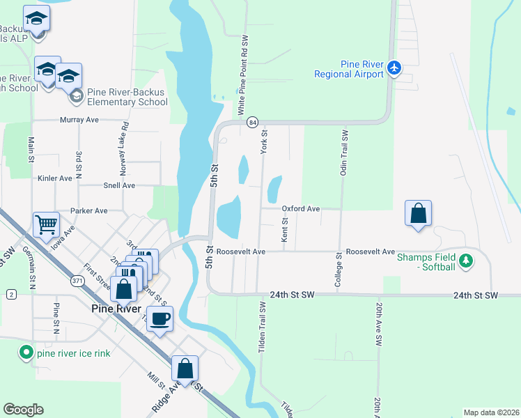 map of restaurants, bars, coffee shops, grocery stores, and more near 221 York Street in Pine River
