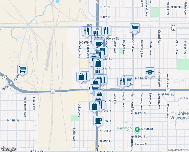 map of restaurants, bars, coffee shops, grocery stores, and more near 1805 North 14th Street in Superior