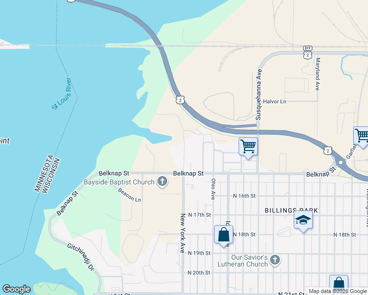 map of restaurants, bars, coffee shops, grocery stores, and more near 1321 New York Avenue in Superior