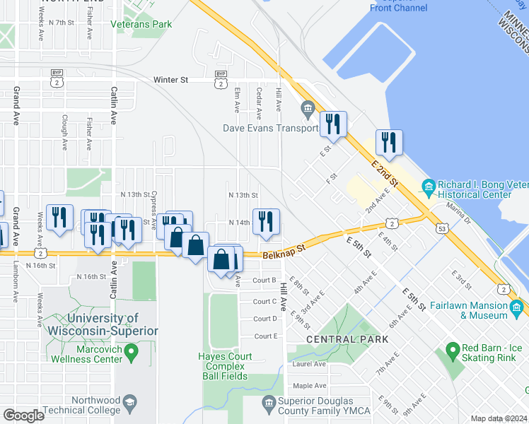 map of restaurants, bars, coffee shops, grocery stores, and more near 1318 Cedar Avenue in Superior
