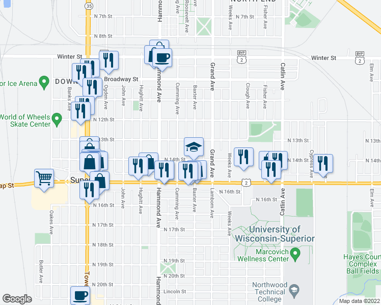 map of restaurants, bars, coffee shops, grocery stores, and more near 1319 Baxter Avenue in Superior