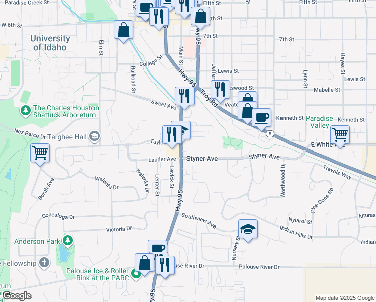 map of restaurants, bars, coffee shops, grocery stores, and more near 1314 South Main Street in Moscow