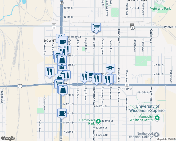 map of restaurants, bars, coffee shops, grocery stores, and more near 1315 Hammond Avenue in Superior