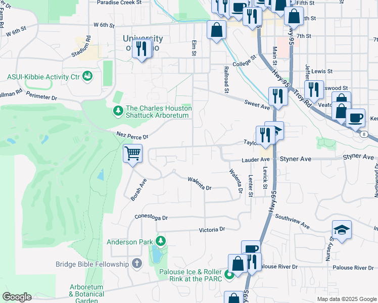 map of restaurants, bars, coffee shops, grocery stores, and more near 1314 Linda Lane in Moscow
