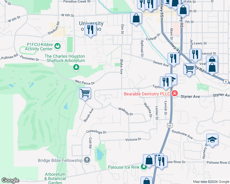 map of restaurants, bars, coffee shops, grocery stores, and more near 1314 Linda Lane in Moscow