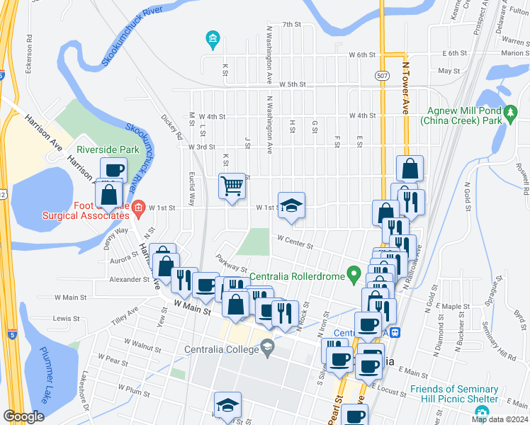map of restaurants, bars, coffee shops, grocery stores, and more near 615 North Washington Avenue in Centralia