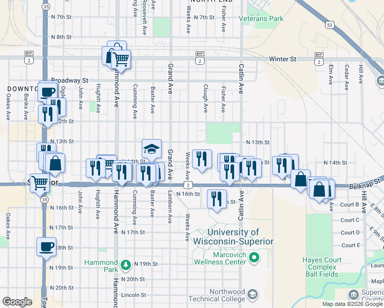 map of restaurants, bars, coffee shops, grocery stores, and more near 915 North 14th Street in Superior