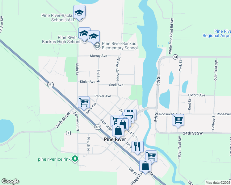 map of restaurants, bars, coffee shops, grocery stores, and more near 480 Parker Avenue in Pine River