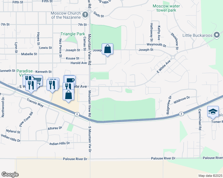 map of restaurants, bars, coffee shops, grocery stores, and more near 1825 White in Moscow