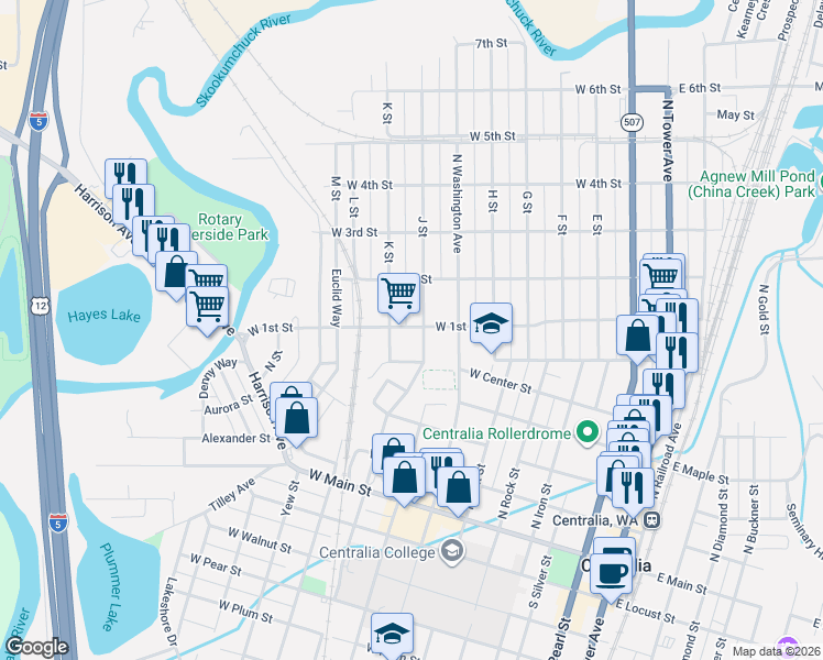 map of restaurants, bars, coffee shops, grocery stores, and more near 607 J Street in Centralia