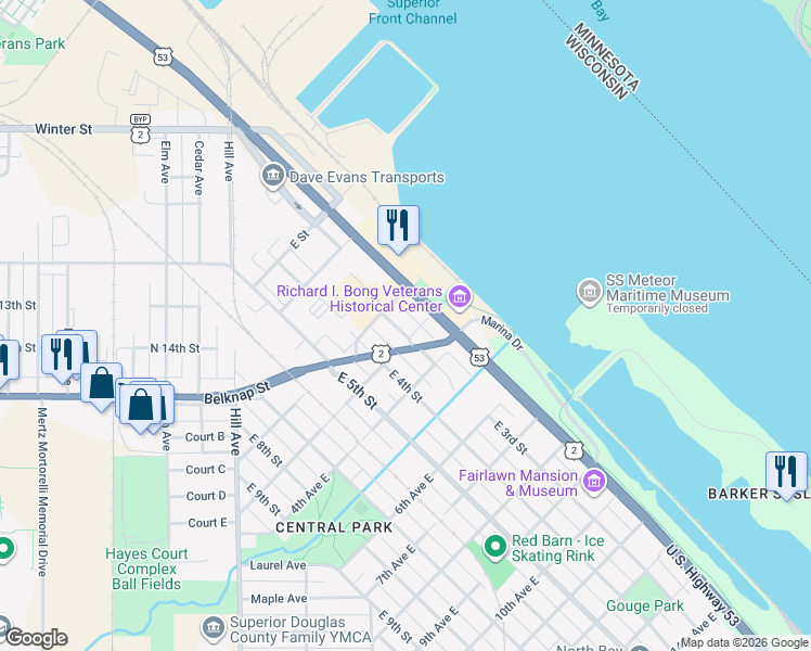 map of restaurants, bars, coffee shops, grocery stores, and more near 303 Lenroot Highway in Superior