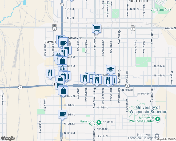 map of restaurants, bars, coffee shops, grocery stores, and more near 1314 Hughitt Avenue in Superior
