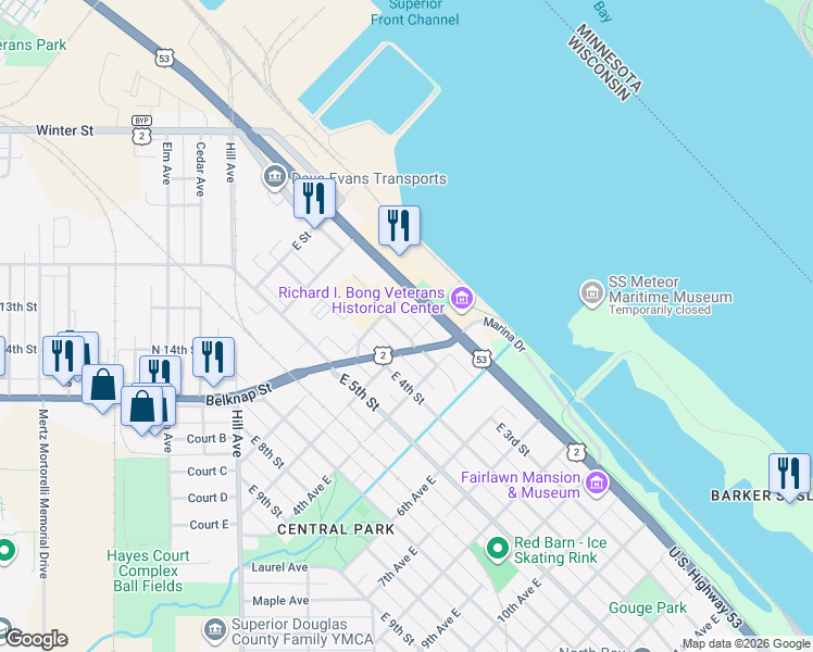 map of restaurants, bars, coffee shops, grocery stores, and more near 303 Lenroot Highway in Superior