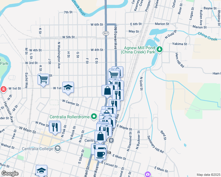 map of restaurants, bars, coffee shops, grocery stores, and more near 120 West 1st Street in Centralia