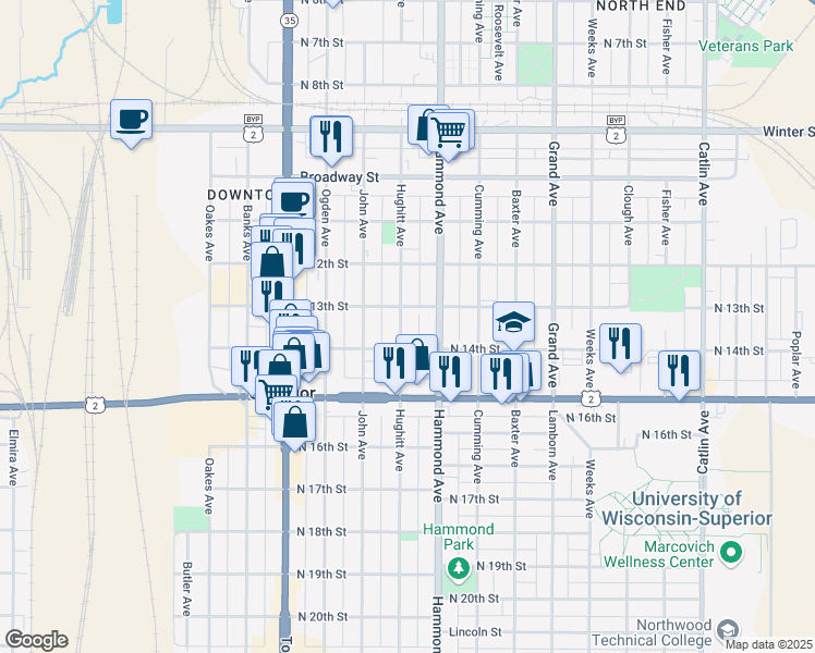map of restaurants, bars, coffee shops, grocery stores, and more near 1312 Hughitt Avenue in Superior