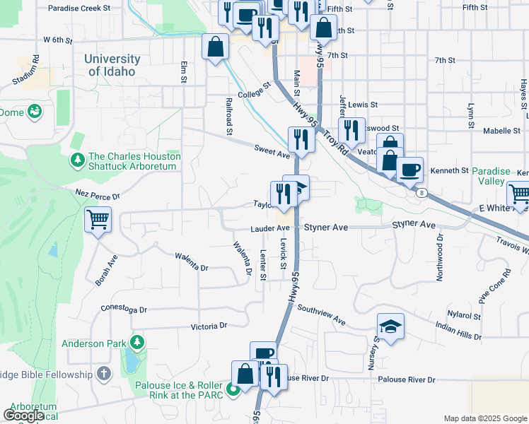 map of restaurants, bars, coffee shops, grocery stores, and more near 201 Taylor Avenue in Moscow