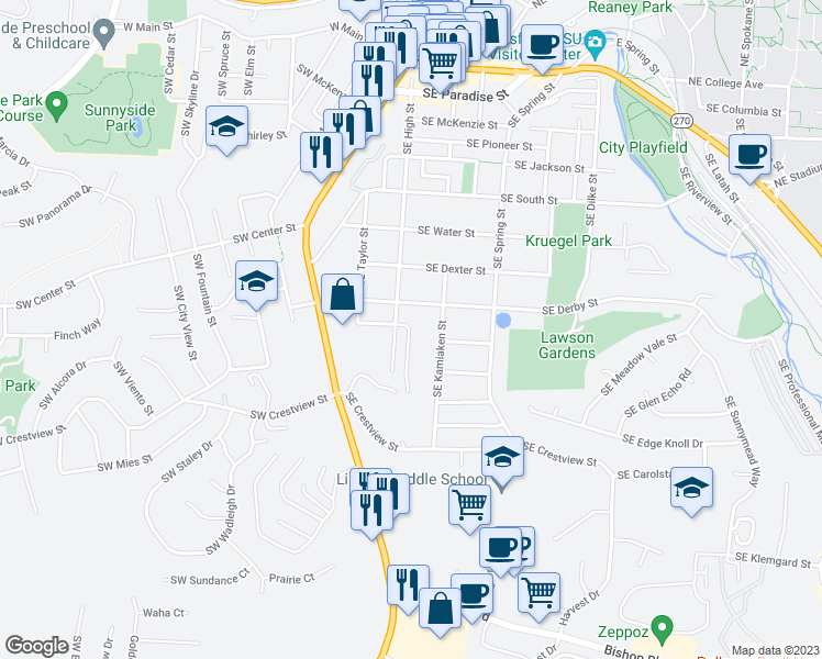map of restaurants, bars, coffee shops, grocery stores, and more near 800 Southeast Thompson Street in Pullman