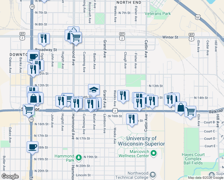 map of restaurants, bars, coffee shops, grocery stores, and more near 1301 Weeks Avenue in Superior