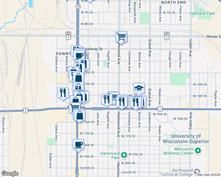 map of restaurants, bars, coffee shops, grocery stores, and more near 1312 Hughitt Avenue in Superior