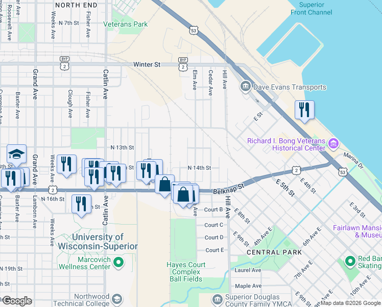 map of restaurants, bars, coffee shops, grocery stores, and more near 1325 Elm Avenue in Superior