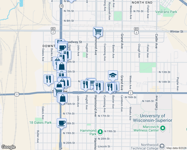 map of restaurants, bars, coffee shops, grocery stores, and more near 1315 Hammond Avenue in Superior