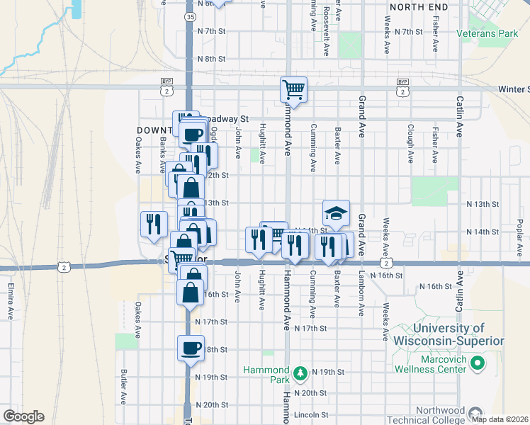 map of restaurants, bars, coffee shops, grocery stores, and more near 1511 North 14th Street in Superior