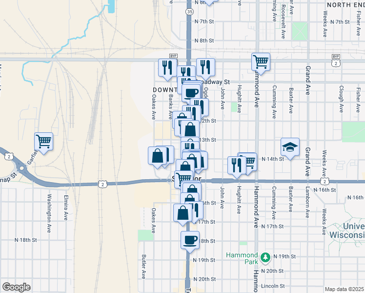 map of restaurants, bars, coffee shops, grocery stores, and more near 1805 North 14th Street in Superior