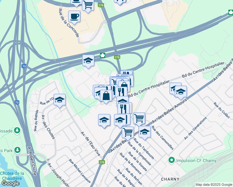 map of restaurants, bars, coffee shops, grocery stores, and more near 8093 Boulevard du Centre-Hospitalier in Lévis