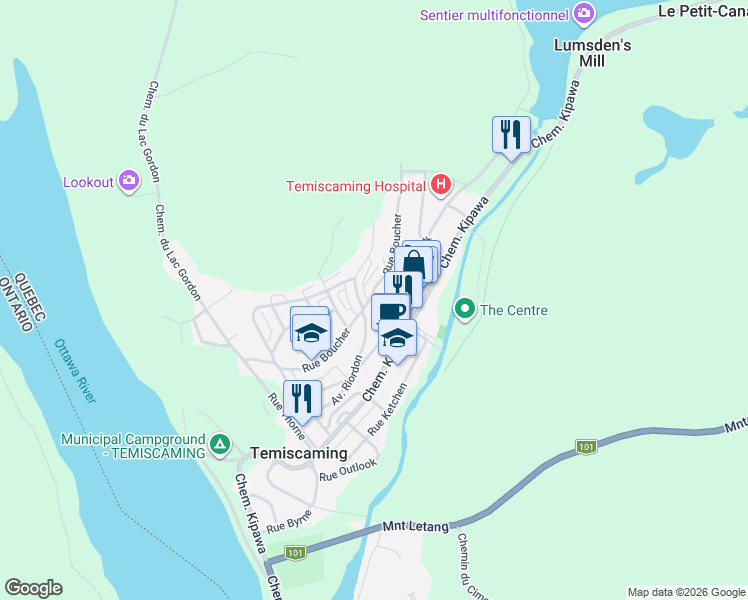 map of restaurants, bars, coffee shops, grocery stores, and more near 201 Rue Boucher in Témiscaming