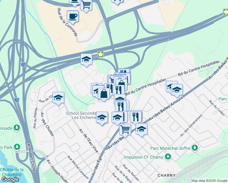 map of restaurants, bars, coffee shops, grocery stores, and more near 8032 Avenue des Églises in Lévis