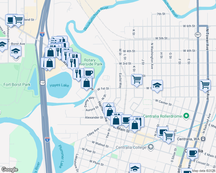 map of restaurants, bars, coffee shops, grocery stores, and more near 1119 West 1st Street in Centralia
