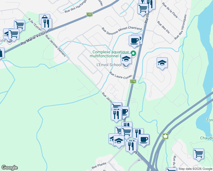 map of restaurants, bars, coffee shops, grocery stores, and more near 466 Rue Gabrielle Roy in Saint-Nicolas