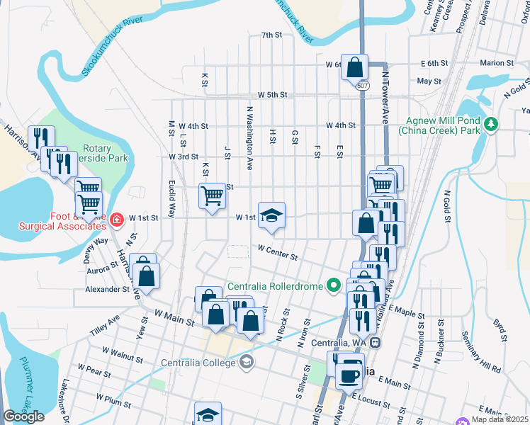 map of restaurants, bars, coffee shops, grocery stores, and more near 701 H Street in Centralia