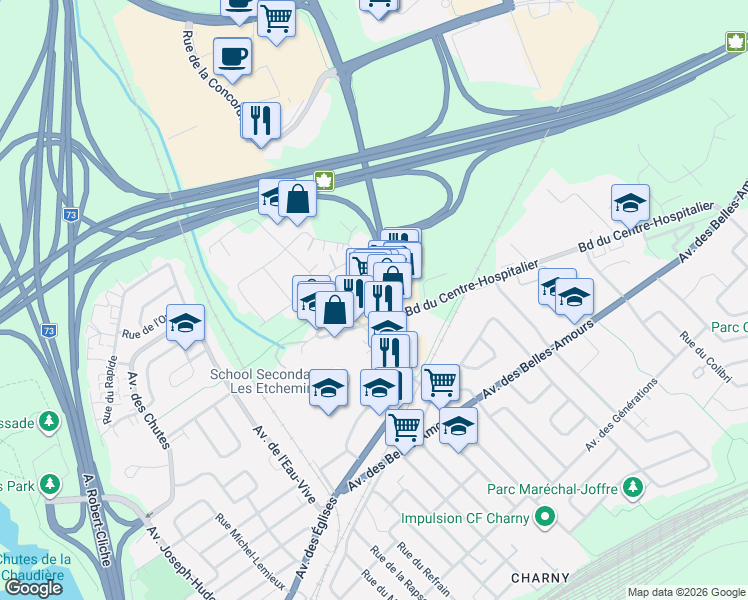 map of restaurants, bars, coffee shops, grocery stores, and more near 8032 Avenue des Églises in Lévis