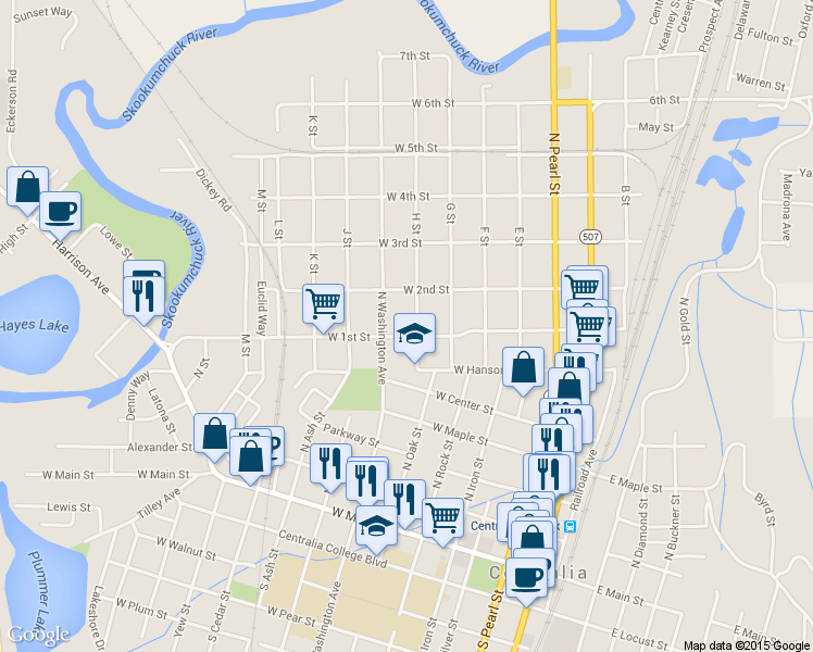 map of restaurants, bars, coffee shops, grocery stores, and more near 717 H Street in Centralia