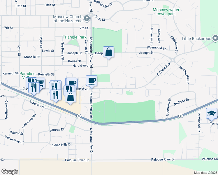 map of restaurants, bars, coffee shops, grocery stores, and more near 1830 White Avenue in Moscow