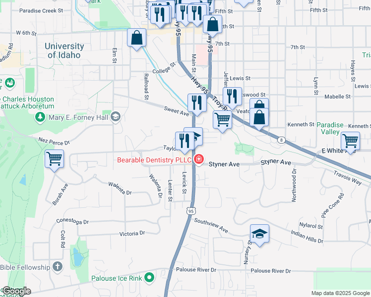 map of restaurants, bars, coffee shops, grocery stores, and more near 1218 South Main Street in Moscow