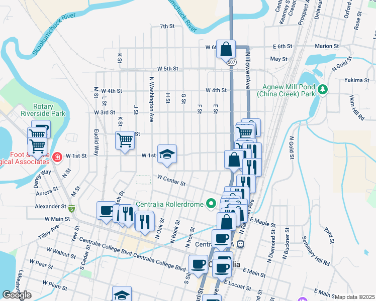 map of restaurants, bars, coffee shops, grocery stores, and more near 717 G Street in Centralia