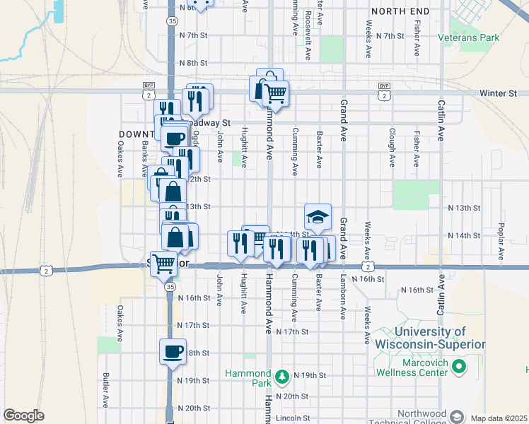 map of restaurants, bars, coffee shops, grocery stores, and more near 1219 Hammond Avenue in Superior