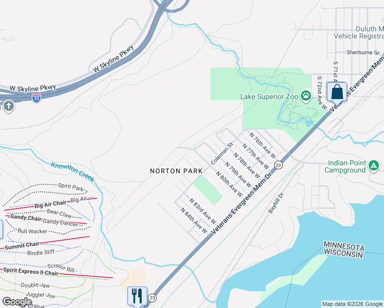 map of restaurants, bars, coffee shops, grocery stores, and more near 527 North 80th Avenue West in Duluth