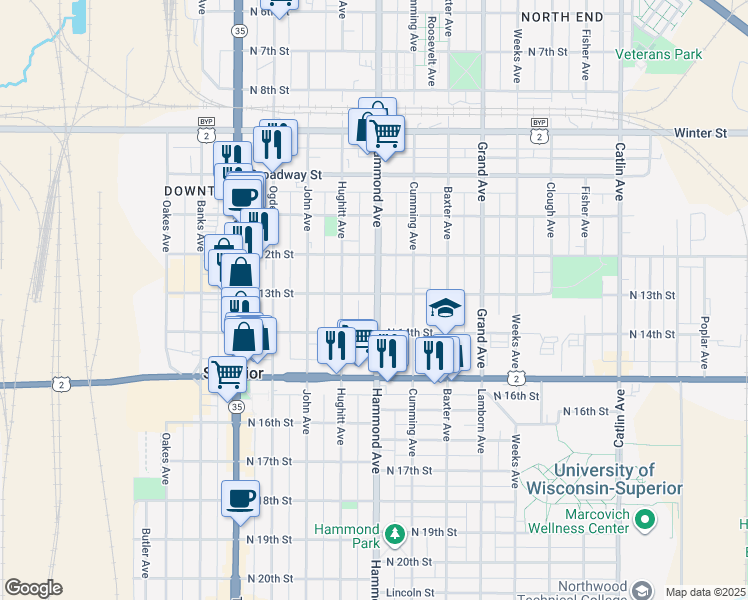 map of restaurants, bars, coffee shops, grocery stores, and more near 1219 Hammond Avenue in Superior