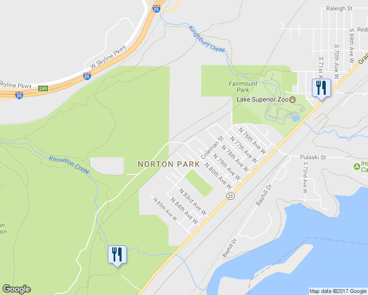 map of restaurants, bars, coffee shops, grocery stores, and more near 527 North 80th Avenue West in Duluth
