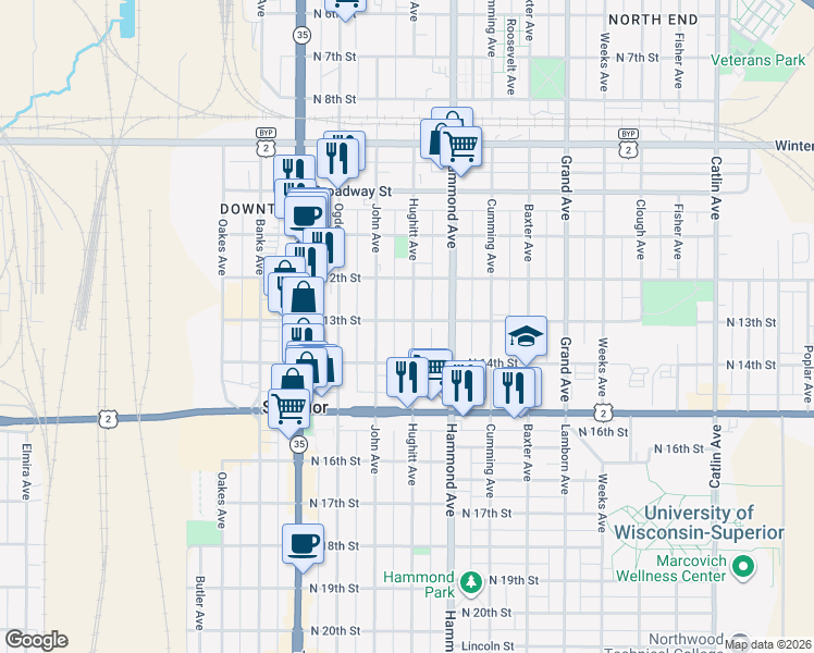 map of restaurants, bars, coffee shops, grocery stores, and more near in Superior