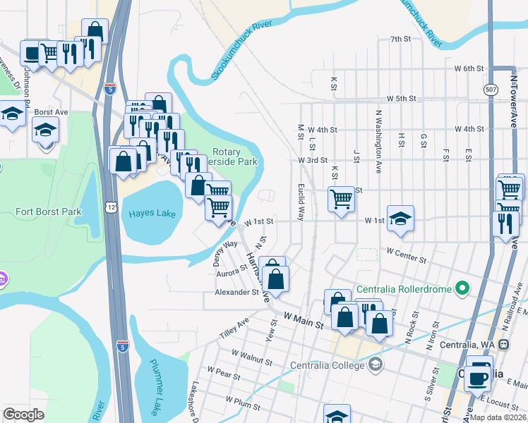 map of restaurants, bars, coffee shops, grocery stores, and more near 1119 West 1st Street in Centralia