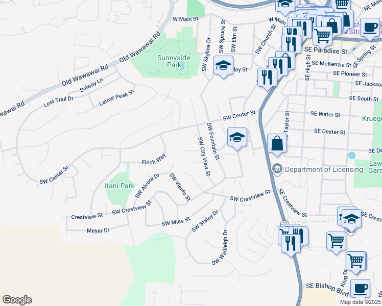 map of restaurants, bars, coffee shops, grocery stores, and more near 633-635 Southwest City View Street in Pullman