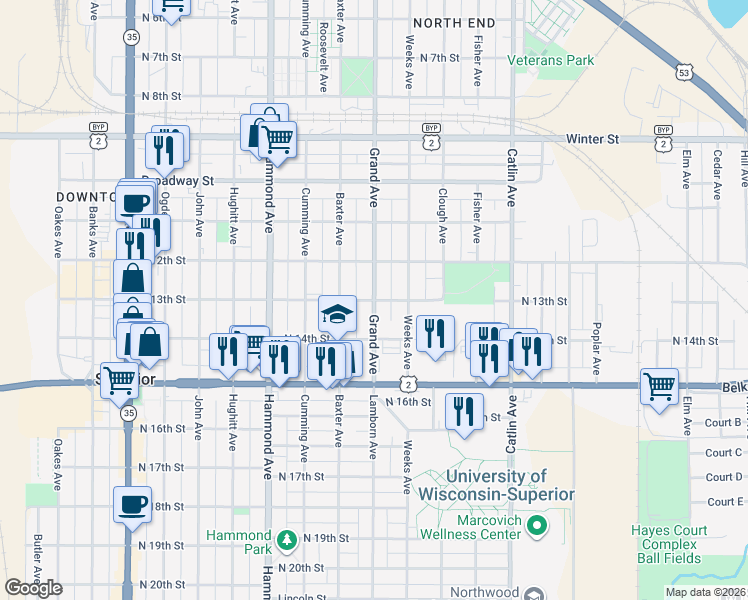 map of restaurants, bars, coffee shops, grocery stores, and more near 1099 North 13th Street in Superior
