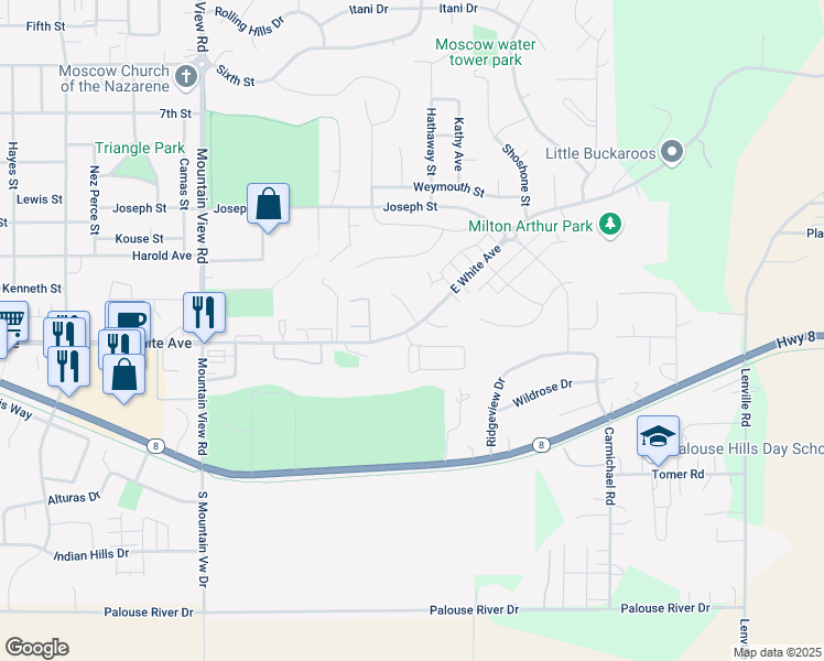 map of restaurants, bars, coffee shops, grocery stores, and more near 1306 Edinborough Court in Moscow