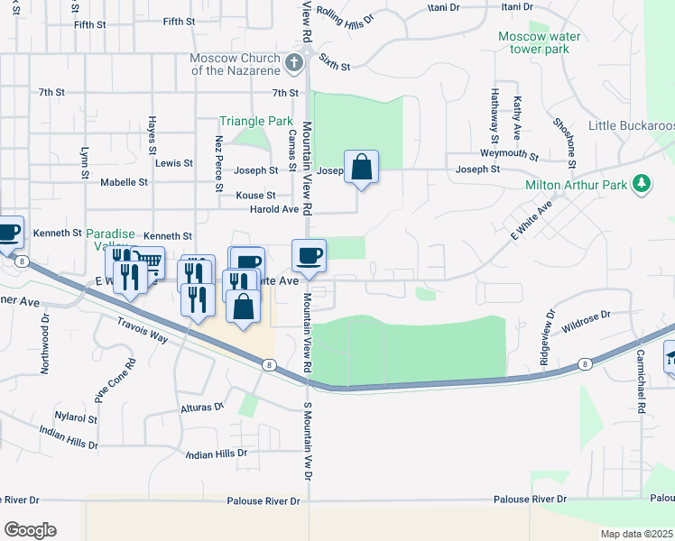 map of restaurants, bars, coffee shops, grocery stores, and more near 1680 White Avenue in Moscow