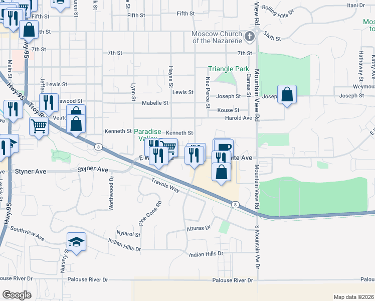 map of restaurants, bars, coffee shops, grocery stores, and more near 938 Johnson Street in Moscow